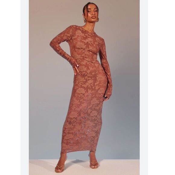 Pretty Little Thing Mocha Floral Sheer Burnout Maxi Dress Long Sleeve NEW Sz 12 - Picture 1 of 9